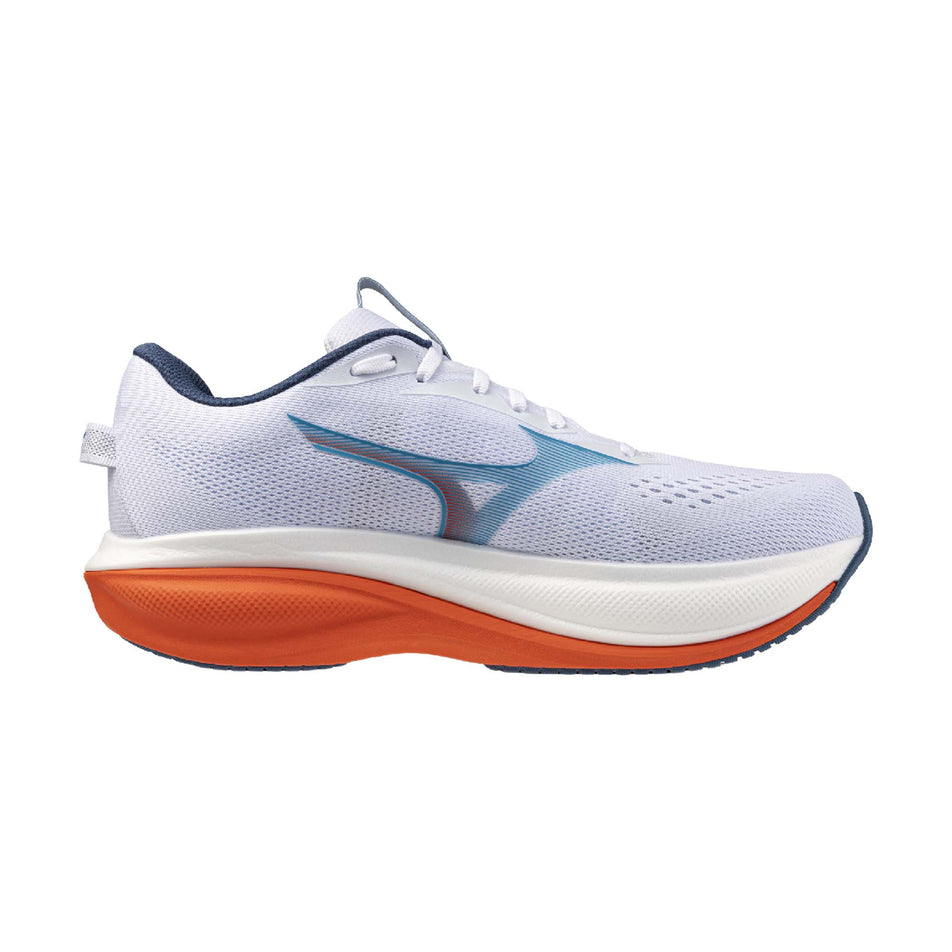 Medial view of the right shoe from a pair of Mizuno Men's Wave Rider 30 Running Shoes in the White/Blue Jewel/Orange.com colourway.