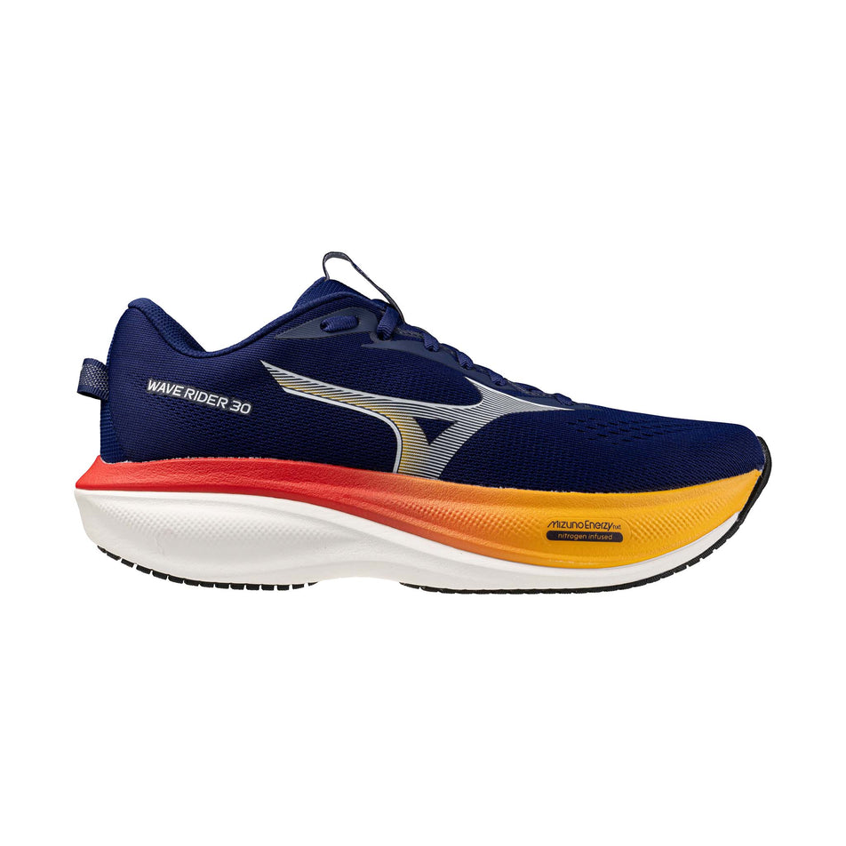 Lateral view of the right shoe from a pair of Mizuno Men's Wave Rider 30 Running Shoes in the Beacon Blue/Dark Slate/Ambrosia colourway.