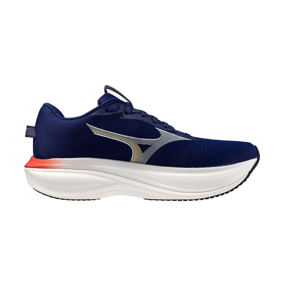 Medial view of the left shoe from a pair of Mizuno Men's Wave Rider 30 Running Shoes in the Beacon Blue/Dark Slate/Ambrosia colourway.