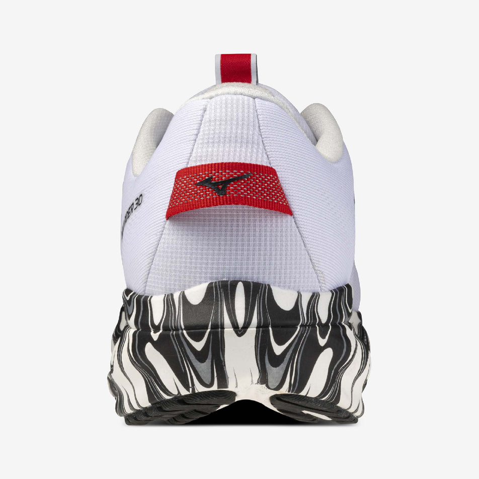 The heel of the left shoe from a pair of Mizuno Unisex Wave Rider 30 Disclosure Running Shoes in the White/Black/High Risk Red colourway.