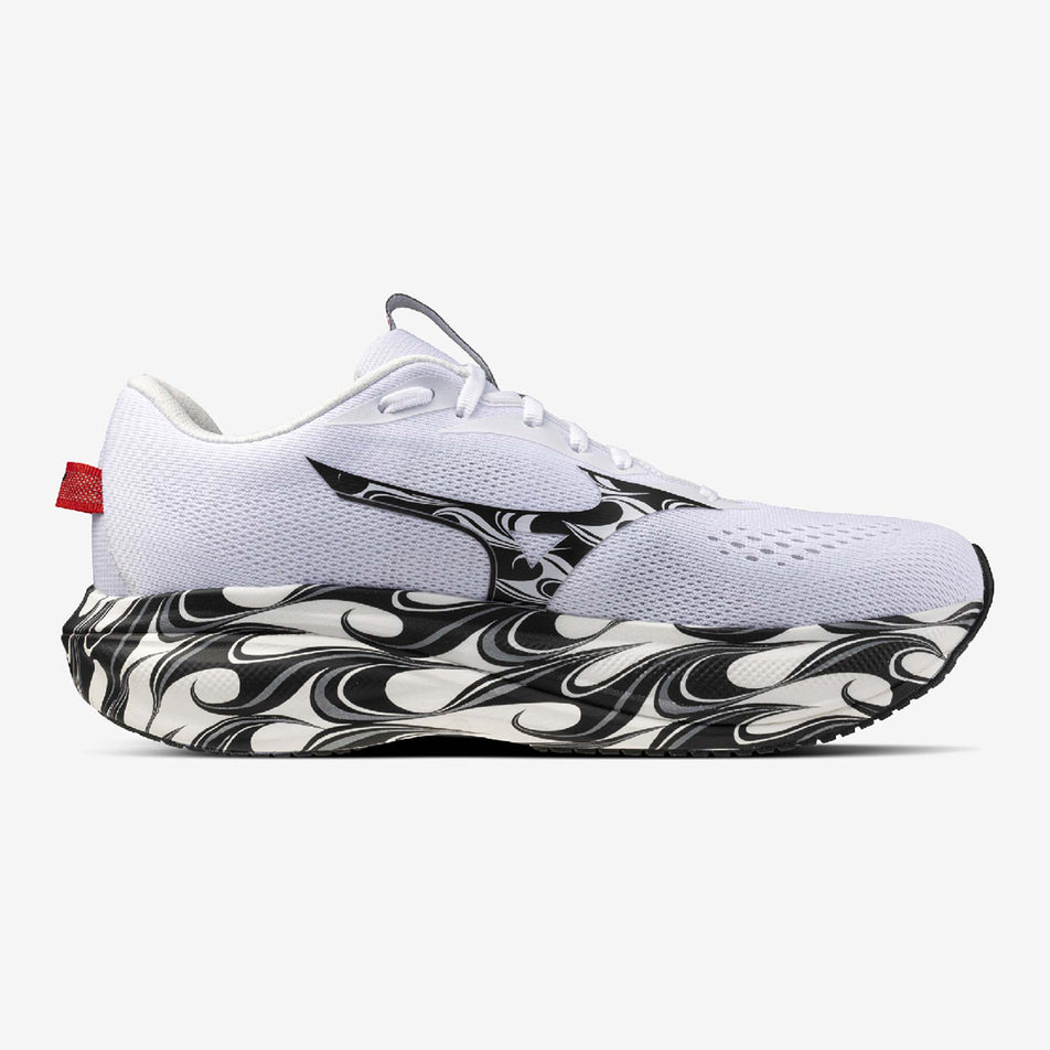 Medial view of the left shoe from a pair of Mizuno Unisex Wave Rider 30 Disclosure Running Shoes in the White/Black/High Risk Red colourway.