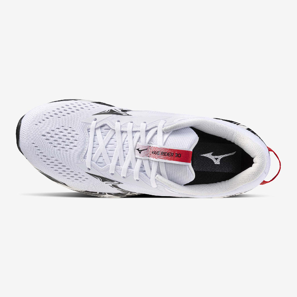 The upper of the left shoe from a pair of Mizuno Unisex Wave Rider 30 Disclosure Running Shoes in the White/Black/High Risk Red colourway.