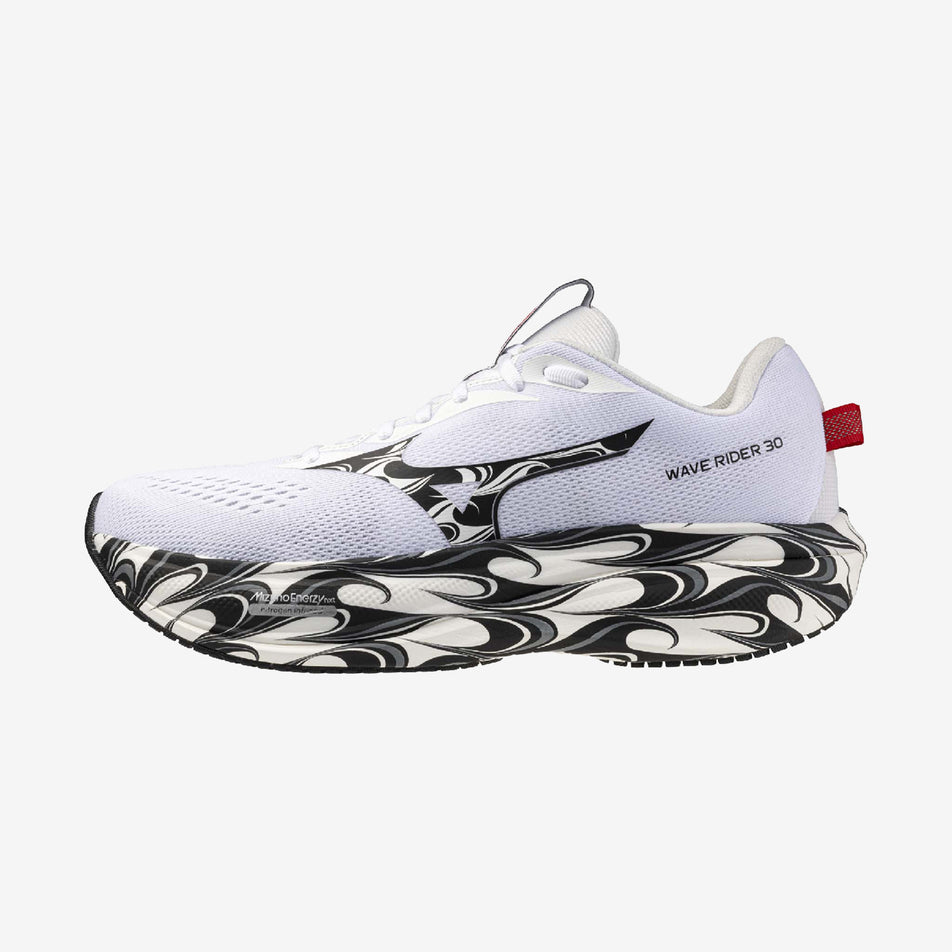 Lateral view of the left shoe from a pair of Mizuno Unisex Wave Rider 30 Disclosure Running Shoes in the White/Black/High Risk Red colourway.