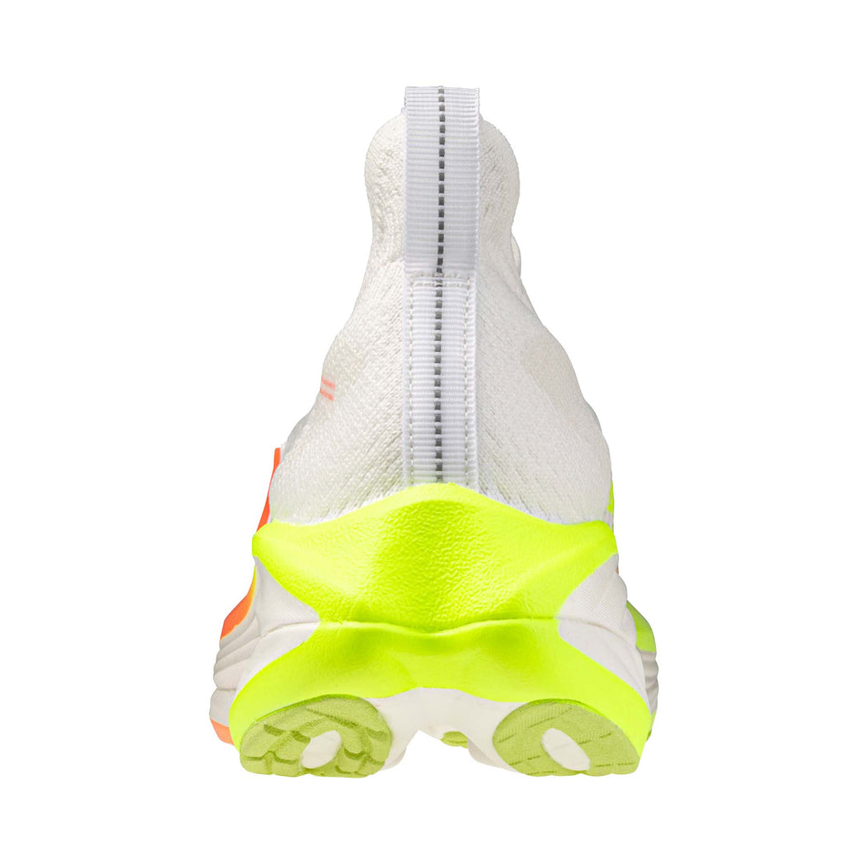 The back of the left shoe from a pair of Mizuno Women's Neo Vista 3 Running Shoes in the White/Flamingo Coral/Lime Pulp colourway.