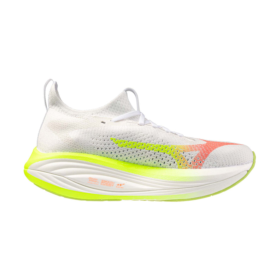 Medial view of the left shoe from a pair of Mizuno Women's Neo Vista 3 Running Shoes in the White/Flamingo Coral/Lime Pulp colourway.