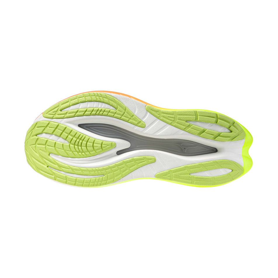 The outsole of the left shoe from a pair of Mizuno Women's Neo Vista 3 Running Shoes in the White/Flamingo Coral/Lime Pulp colourway.