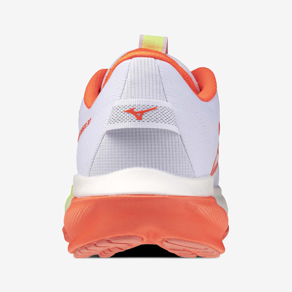 The back of the left shoe from a pair of Mizuno Women's Wave Rider 30 Running Shoes in the White/Flamingo Coral/Lime Pulp colourway.