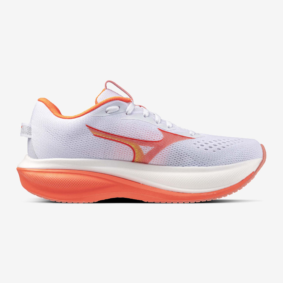 Medial view of the left shoe from a pair of Mizuno Women's Wave Rider 30 Running Shoes in the White/Flamingo Coral/Lime Pulp colourway.