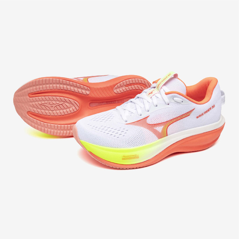 A pair of Mizuno Women's Wave Rider 30 Running Shoes in the White/Flamingo Coral/Lime Pulp colourway.