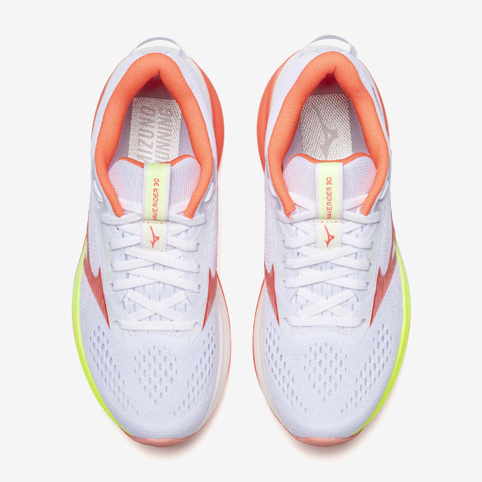 The uppers of a pair of Mizuno Women's Wave Rider 30 Running Shoes in the White/Flamingo Coral/Lime Pulp colourway.