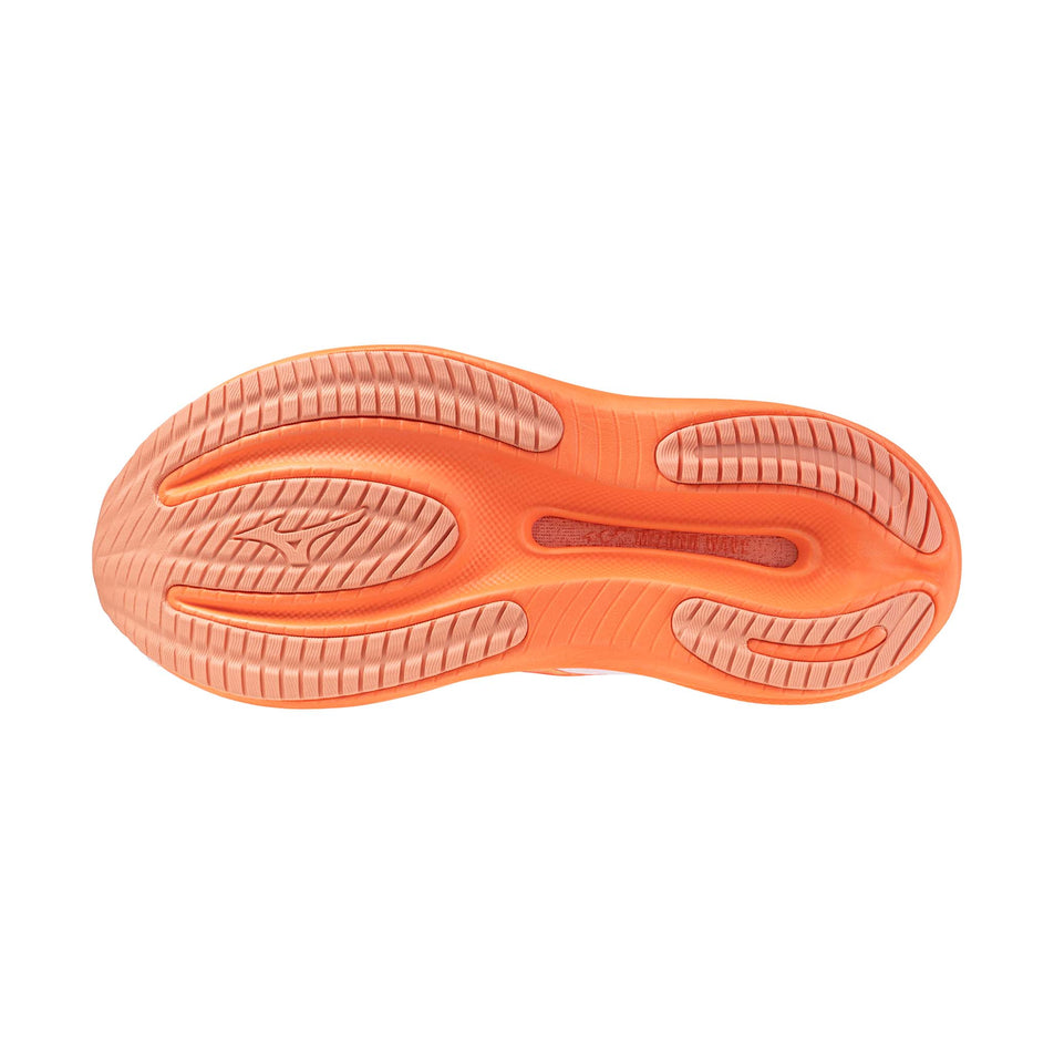 The outsole of the left shoe from a pair of Mizuno Women's Wave Rider 30 Running Shoes in the White/Flamingo Coral/Lime Pulp colourway.