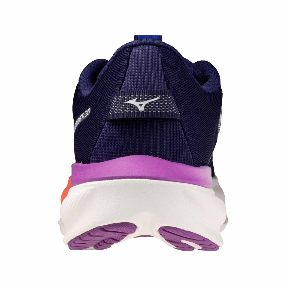 The back of the left shoe from a pair of Mizuno Women's Wave Rider 30 Running Shoes in the Rhodonite/White/Firecracker colourway.
