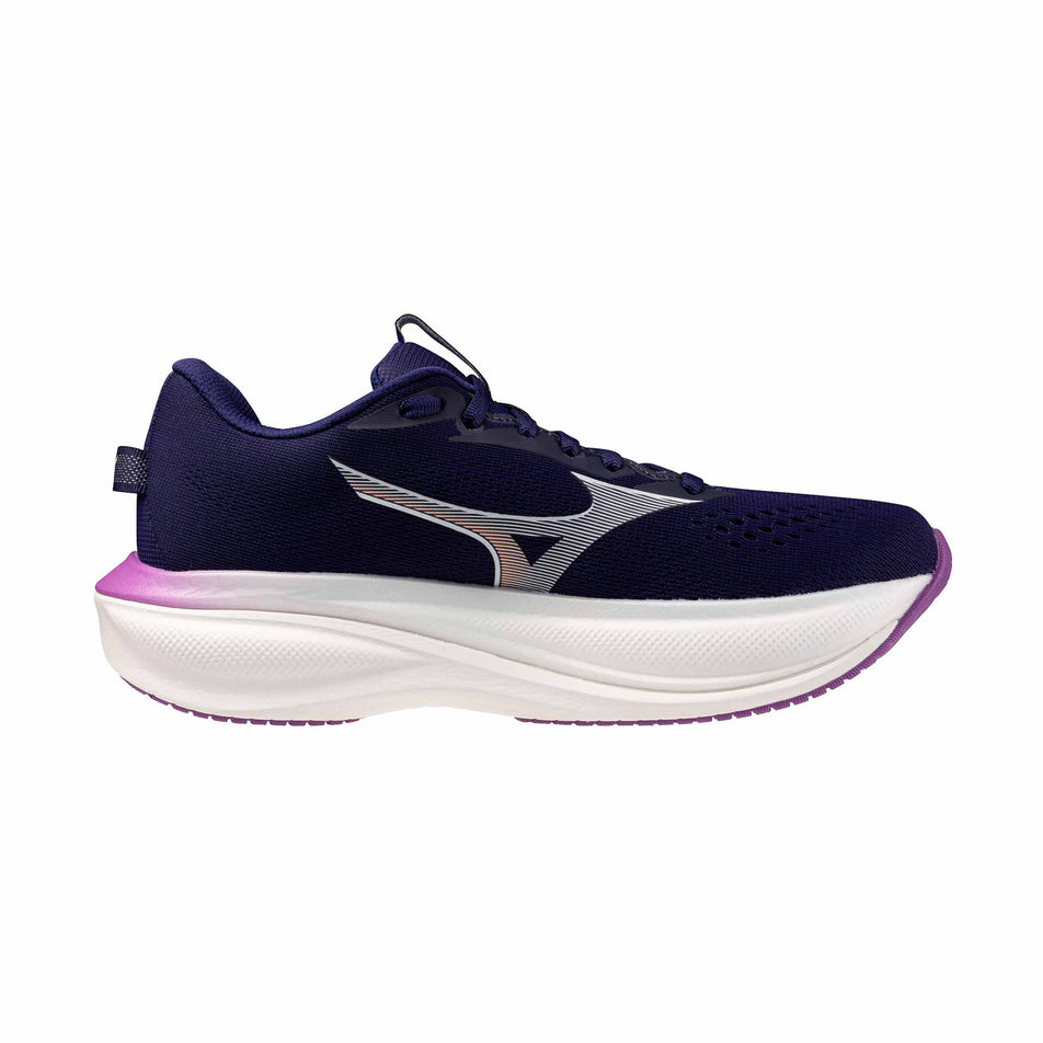 Medial view of the left shoe from a pair of Mizuno Women's Wave Rider 30 Running Shoes in the Rhodonite/White/Firecracker colourway.