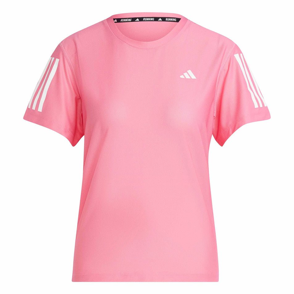 Front view of the adidas Women's Own The Run Base Tee in the Pink Fusion colourway. (8567025172642)