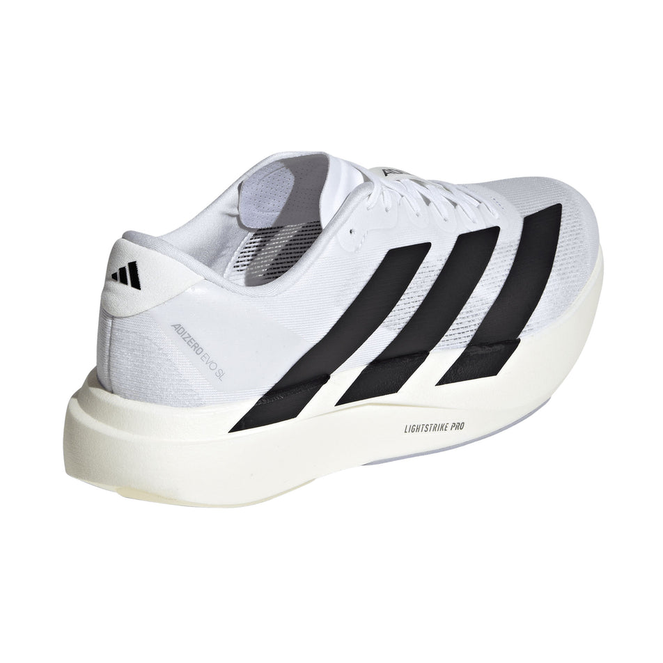 Lateral view of the right shoe from a pair of adidas Men's Adizero EVO SL Running Shoes in the Ftwr White/Core Black/Ftwr White colourway.