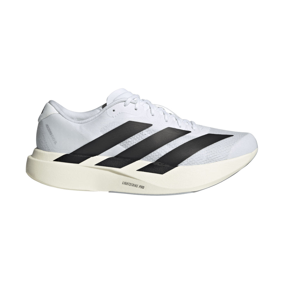Lateral view of the right shoe from a pair of adidas Men's Adizero EVO SL Running Shoes in the Ftwr White/Core Black/Ftwr White colourway.