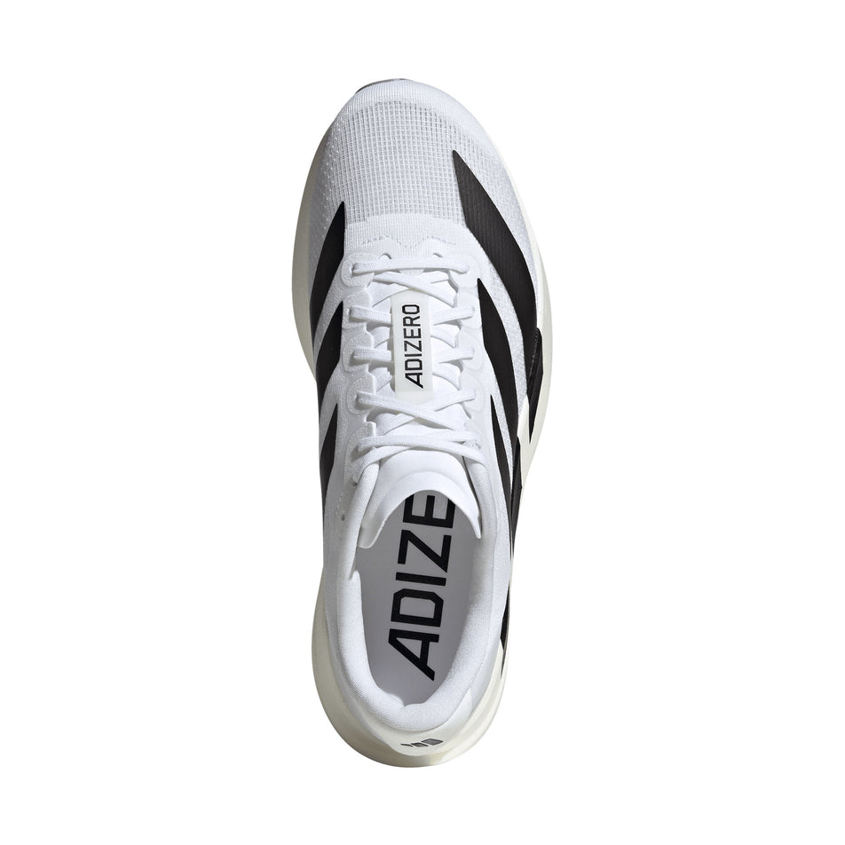 The upper of the right shoe from a pair of adidas Men's Adizero EVO SL Running Shoes in the Ftwr White/Core Black/Ftwr White colourway.