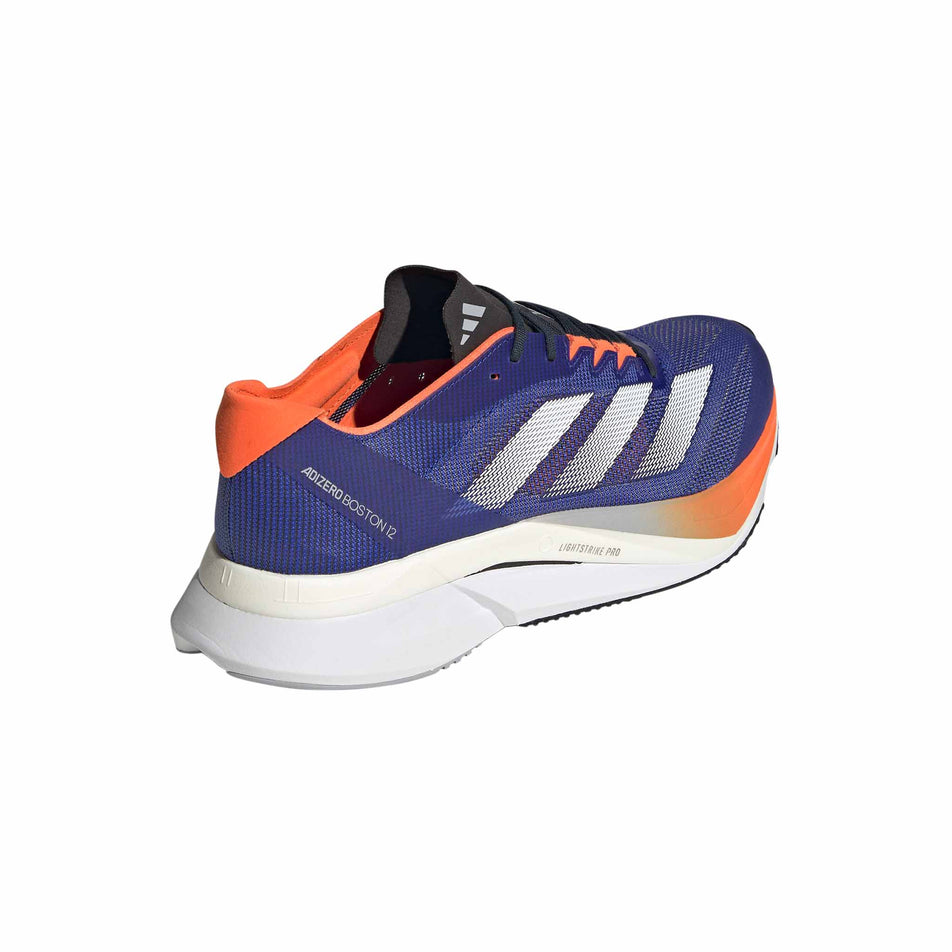 Lateral side of the right shoe from a pair of adidas Men's Adizero Boston 12 Running Shoes in the Lucid Blue/Ftwr White/Impact Orange colourway. (8618671997090)