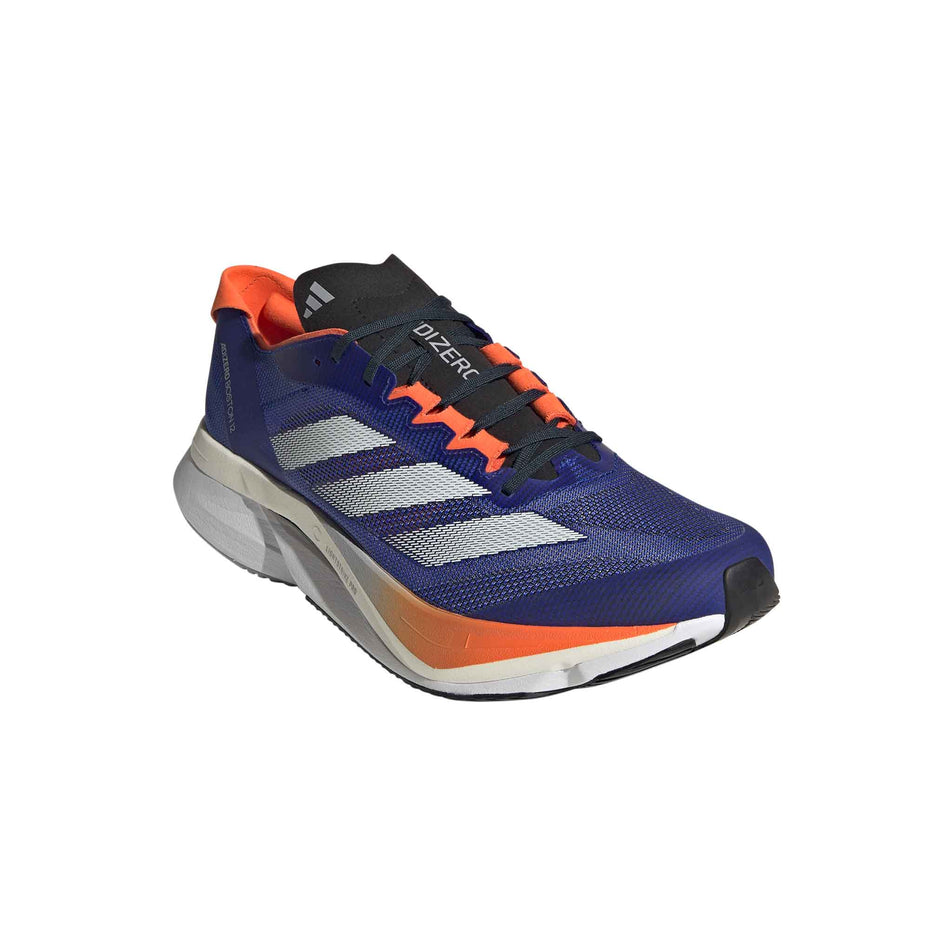 Lateral side of the right shoe from a pair of adidas Men's Adizero Boston 12 Running Shoes in the Lucid Blue/Ftwr White/Impact Orange colourway. (8618671997090)
