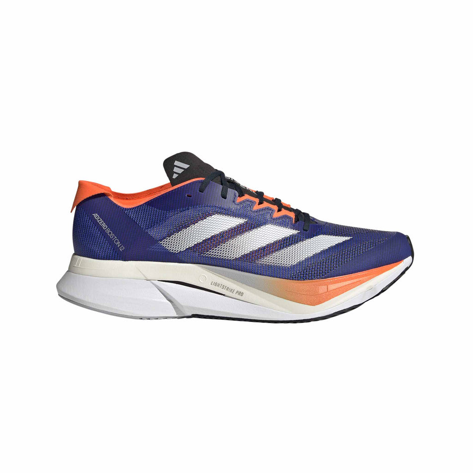 Lateral side of the right shoe from a pair of adidas Men's Adizero Boston 12 Running Shoes in the Lucid Blue/Ftwr White/Impact Orange colourway. (8618671997090)