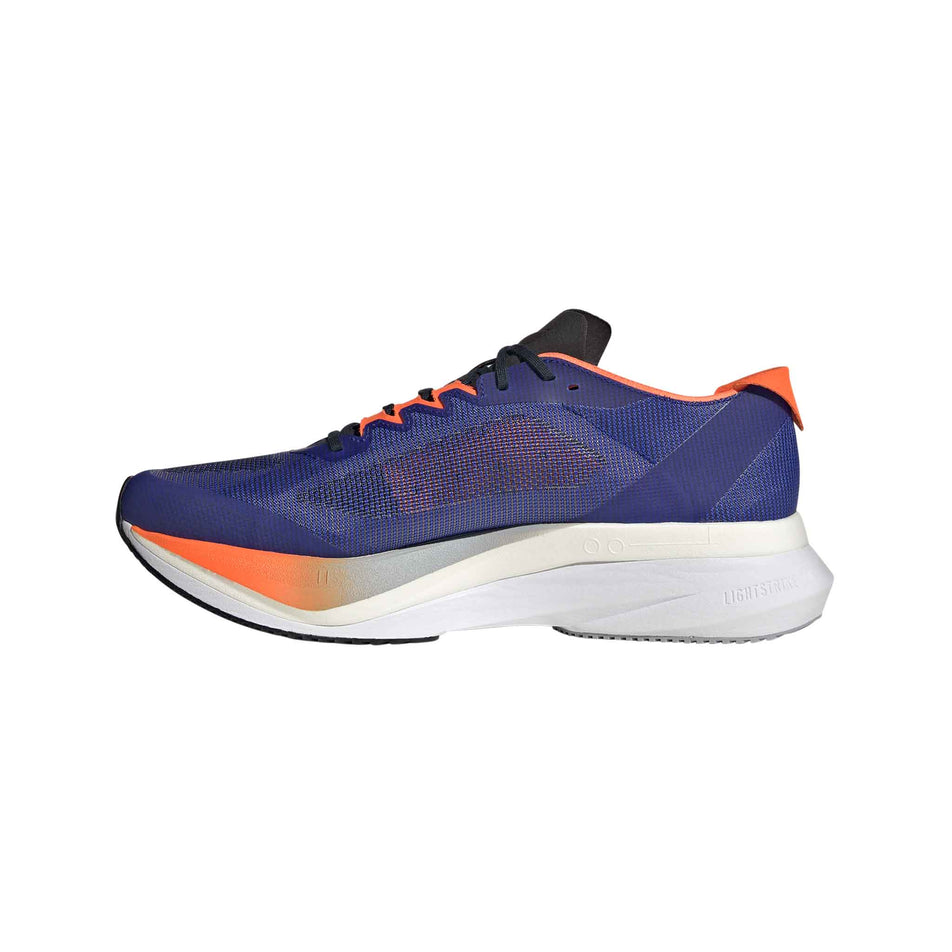 Medial side of the right shoe from a pair of adidas Men's Adizero Boston 12 Running Shoes in the Lucid Blue/Ftwr White/Impact Orange colourway. (8618671997090)