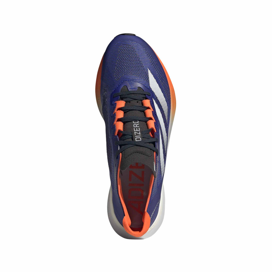 The upper of the right shoe from a pair of adidas Men's Adizero Boston 12 Running Shoes in the Lucid Blue/Ftwr White/Impact Orange colourway. (8618671997090)