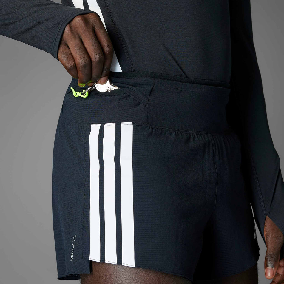 The drop-in stash pocket on the adidas Men's Adizero Gel Pocket Shorts in the Black colourway.