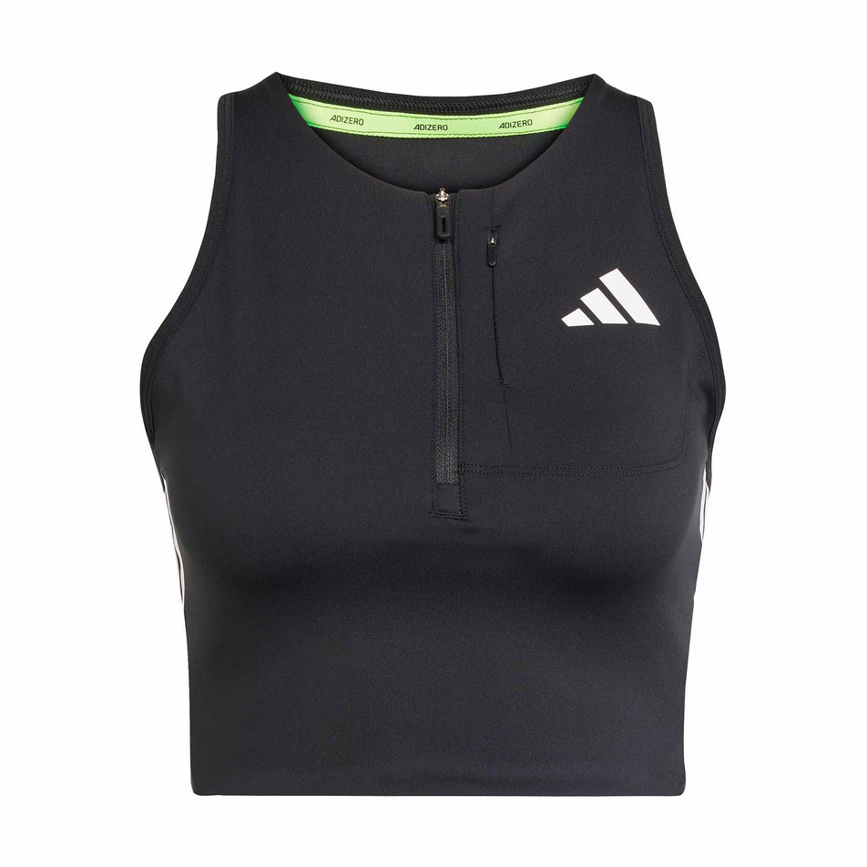 Front view of the adidas Women's Adizero Running Gel Pocket Crop in the Black colourway.
