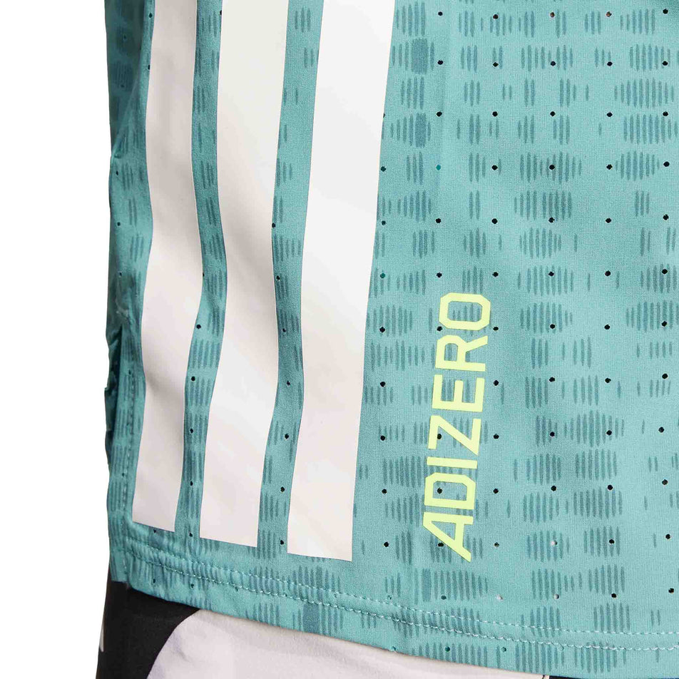 The Adizero branding on the adidas Women's Adizero Singlet in the Powder Teal/Preloved Teal colourway. (8665224315042)