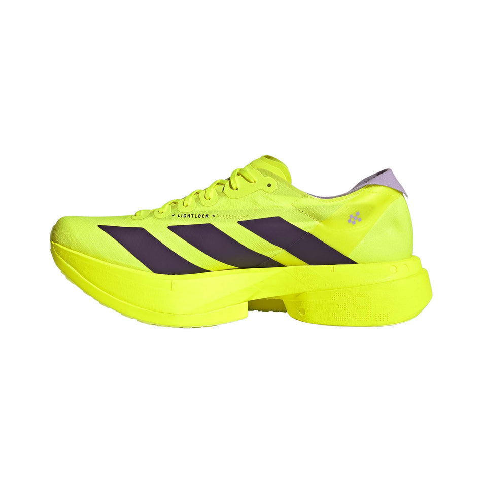 Medial view of the right shoe from a pair of adidas Men's Adizero Adios Pro 4 Running Shoes in the Solar Yellow/Aurora Plum/Powder Plum colourway.