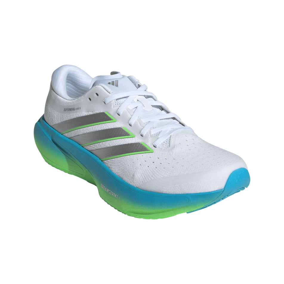 Lateral view of the right shoe from a pair of adidas Men's Supernova Rise 3 Running Shoes in the Ftwr White/Silver met./Semi Blue Burst colourway.