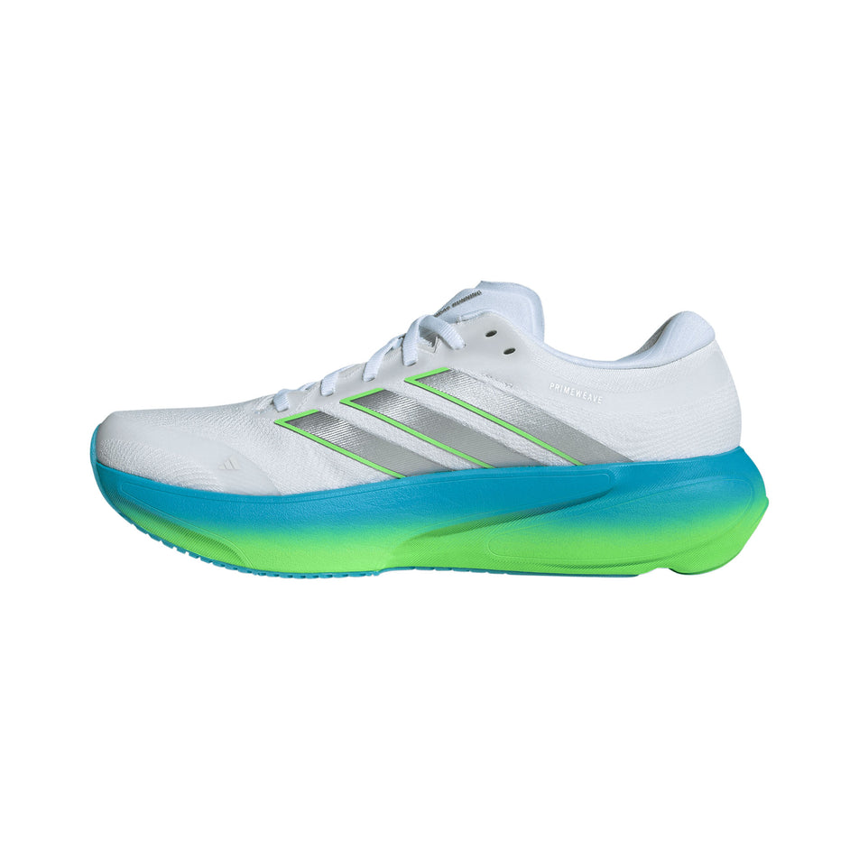 Medial view of the right shoe from a pair of adidas Men's Supernova Rise 3 Running Shoes in the Ftwr White/Silver met./Semi Blue Burst colourway.