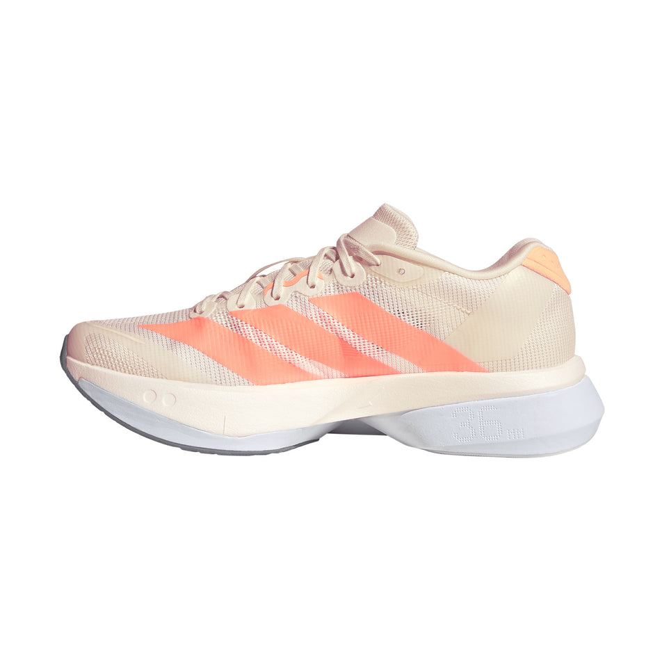 Medial view of the right shoe from a pair of adidas Women's Adizero Boston 13 Running Shoes in the Off White/Beam Orange/Acid Orange colourway.
