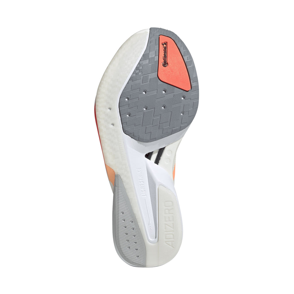 The outsole of the right shoe from a pair of adidas Women's Adizero Boston 13 Running Shoes in the Off White/Beam Orange/Acid Orange colourway.