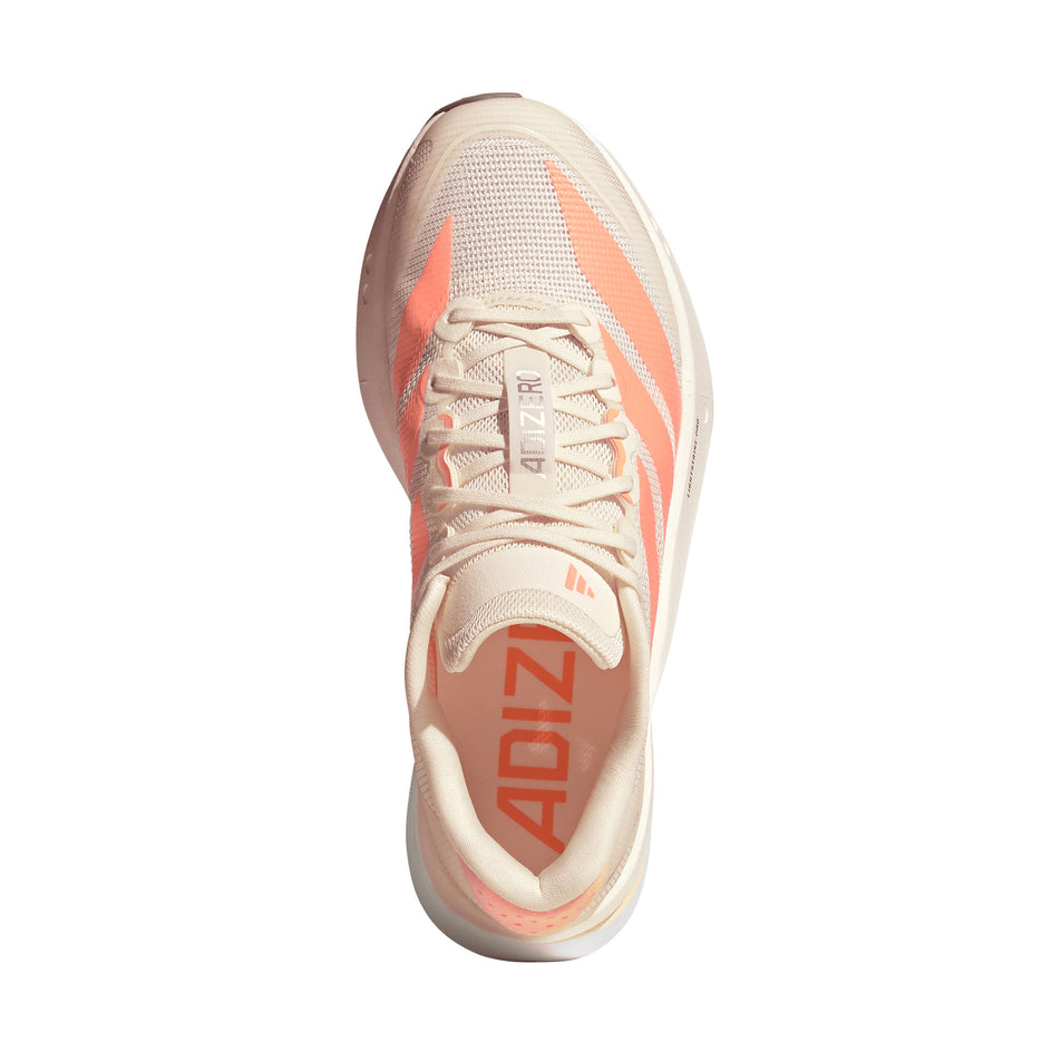 The upper of the right shoe from a pair of adidas Women's Adizero Boston 13 Running Shoes in the Off White/Beam Orange/Acid Orange colourway.