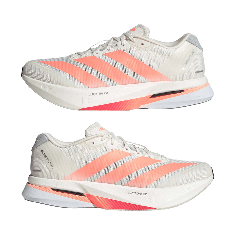A pair of adidas Men's Adizero Boston 13 Running Shoes in the Off White/Lucid Orange/Grey colourway.
