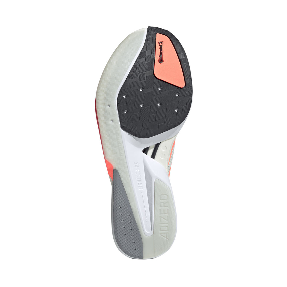 The outsole of the right shoe from a pair of adidas Men's Adizero Boston 13 Running Shoes in the Off White/Lucid Orange/Grey colourway.