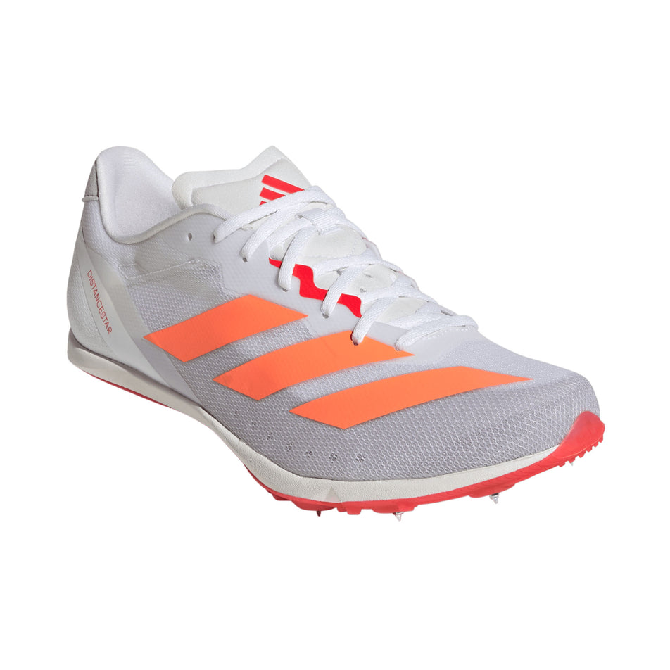 Lateral view of the right shoe from a pair of adidas Distancestar Running Spikes in the Ftwr White/Lucid Orange/Lucid Red colourway.
