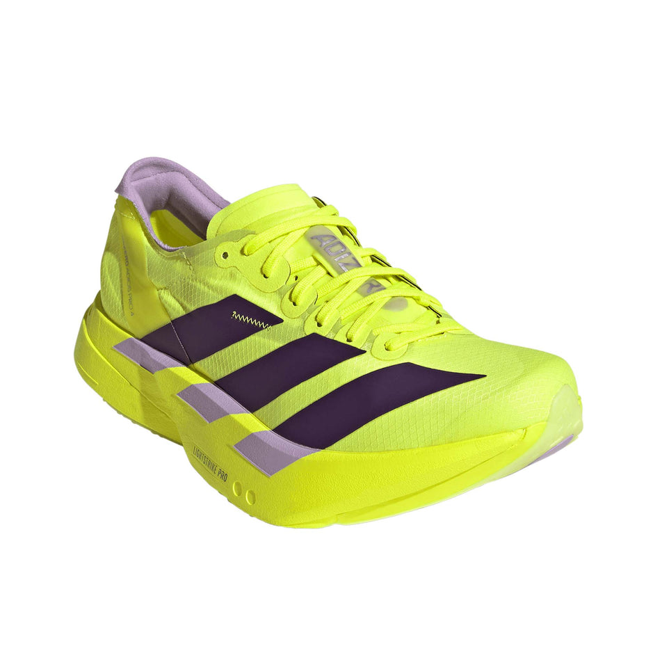 Lateral view of the right shoe from a pair of adidas Women's Adizero Adios Pro 4 Running Shoes in the Solar Yellow/Aurora Plum/Powder Plum colourway.