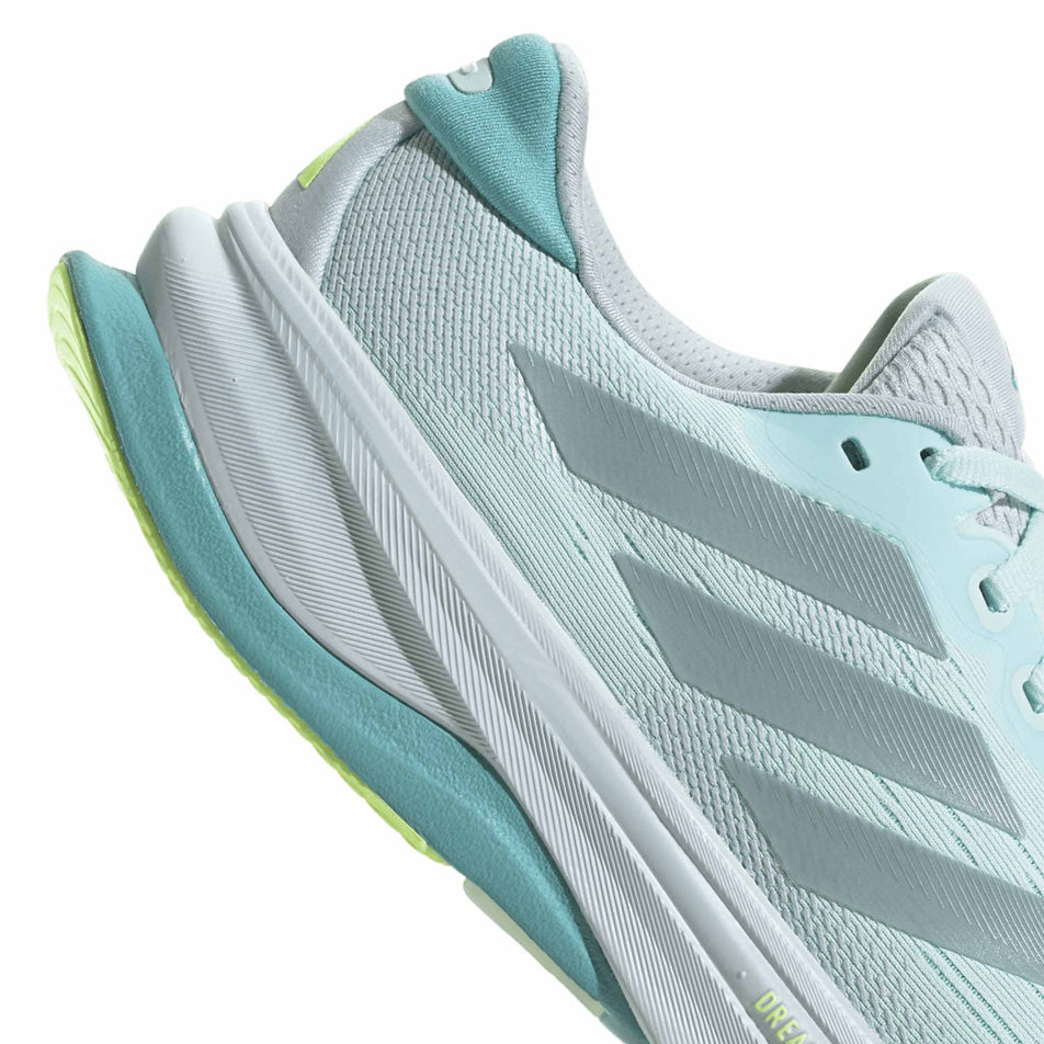 Close up of the heel section of the right shoe from a pair of adidas Women's Supernova Solution 2 Running Shoes in the Halo Mint/Magic Grey Met/Mint Ton colourway. (8663002710178)