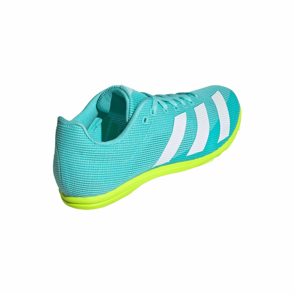 Lateral view of the right shoe from a pair of adidas Junior-Unisex Allroundstar Running Spikes in the Flash Aqua/Ftwr White/Lucid Lemon colourway. (8663007232162)