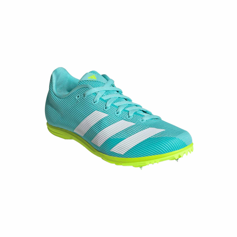 Lateral view of the right shoe from a pair of adidas Junior-Unisex Allroundstar Running Spikes in the Flash Aqua/Ftwr White/Lucid Lemon colourway. (8663007232162)