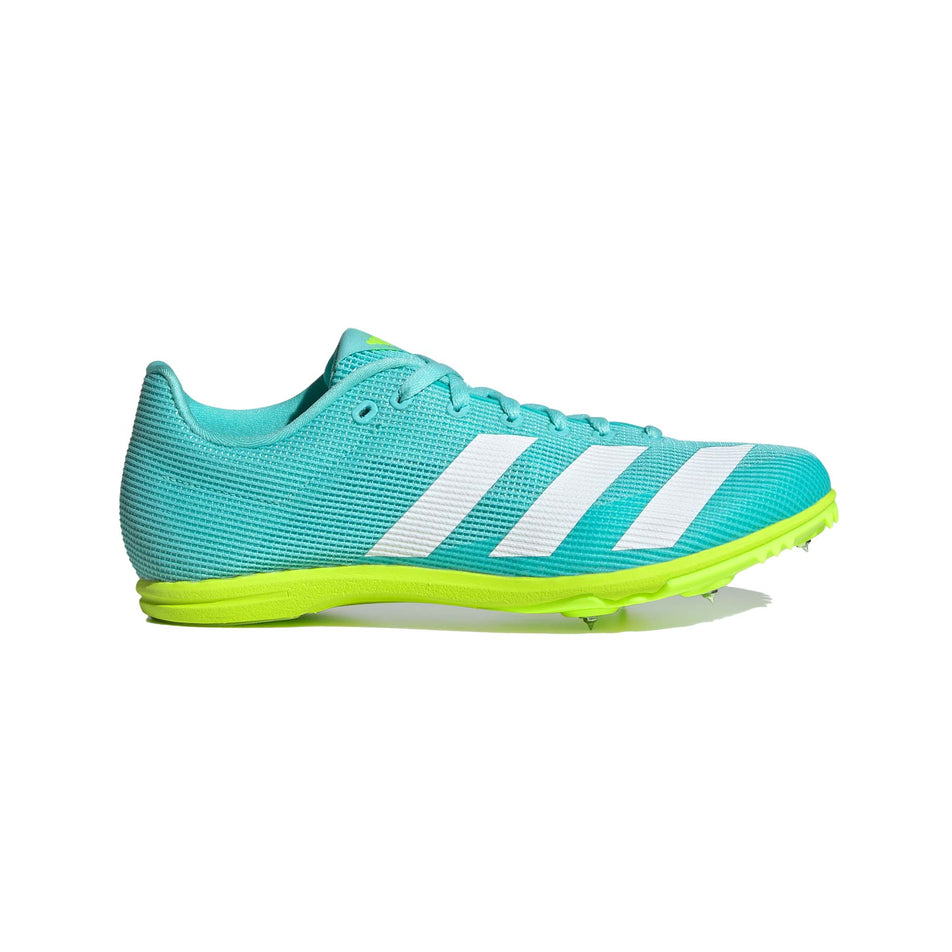 Lateral view of the right shoe from a pair of adidas Junior-Unisex Allroundstar Running Spikes in the Flash Aqua/Ftwr White/Lucid Lemon colourway. (8663007232162)