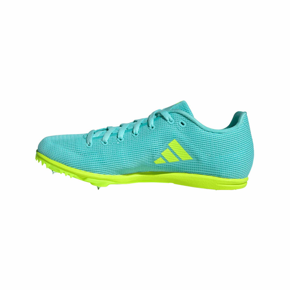 Medial view of the right shoe from a pair of adidas Junior-Unisex Allroundstar Running Spikes in the Flash Aqua/Ftwr White/Lucid Lemon colourway. (8663007232162)