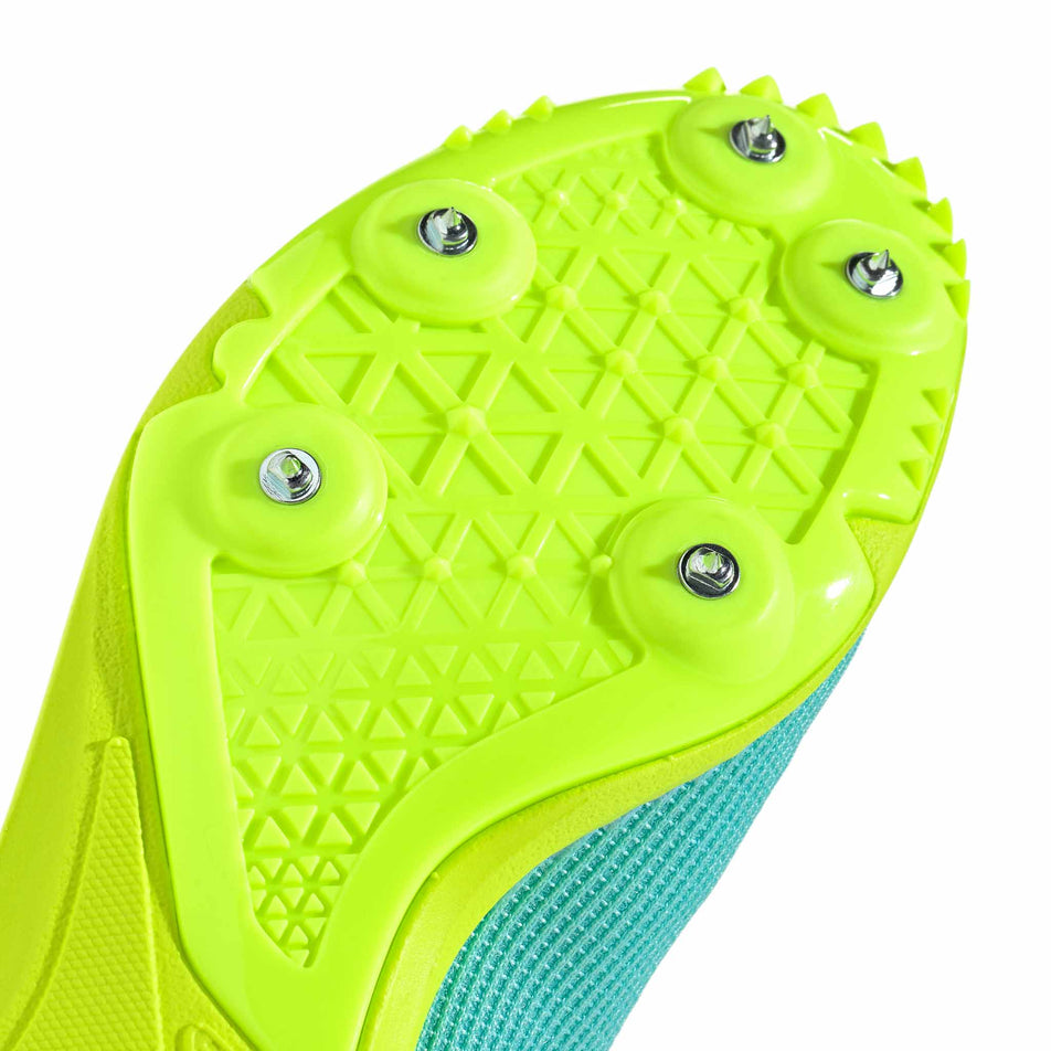 Close up of the spike plate of the right shoe from a pair of adidas Junior-Unisex Allroundstar Running Spikes in the Flash Aqua/Ftwr White/Lucid Lemon colourway. (8663007232162)