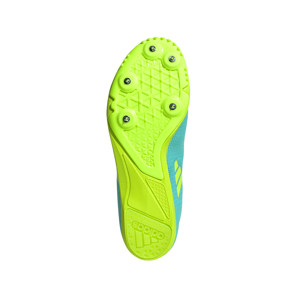 The outsole of the right shoe from a pair of adidas Junior-Unisex Allroundstar Running Spikes in the Flash Aqua/Ftwr White/Lucid Lemon colourway. (8663007232162)