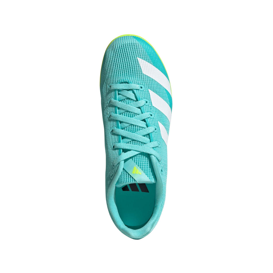 The upper of the right shoe from a pair of adidas Junior-Unisex Allroundstar Running Spikes in the Flash Aqua/Ftwr White/Lucid Lemon colourway. (8663007232162)