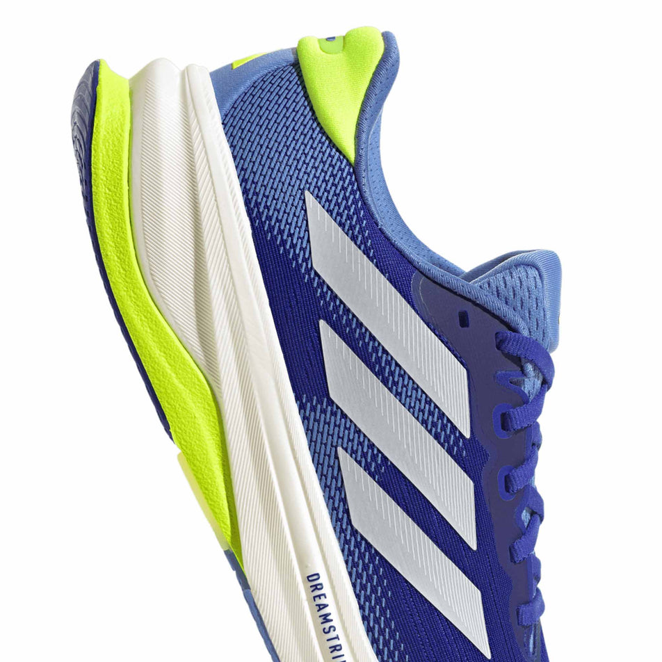 Close up of the heel section of the right shoe from a pair of adidas Men's Supernova Solution 2 Running Shoes in the Lucid Blue/Zero Met./Lucid Lemon colourway. (8662548250786)