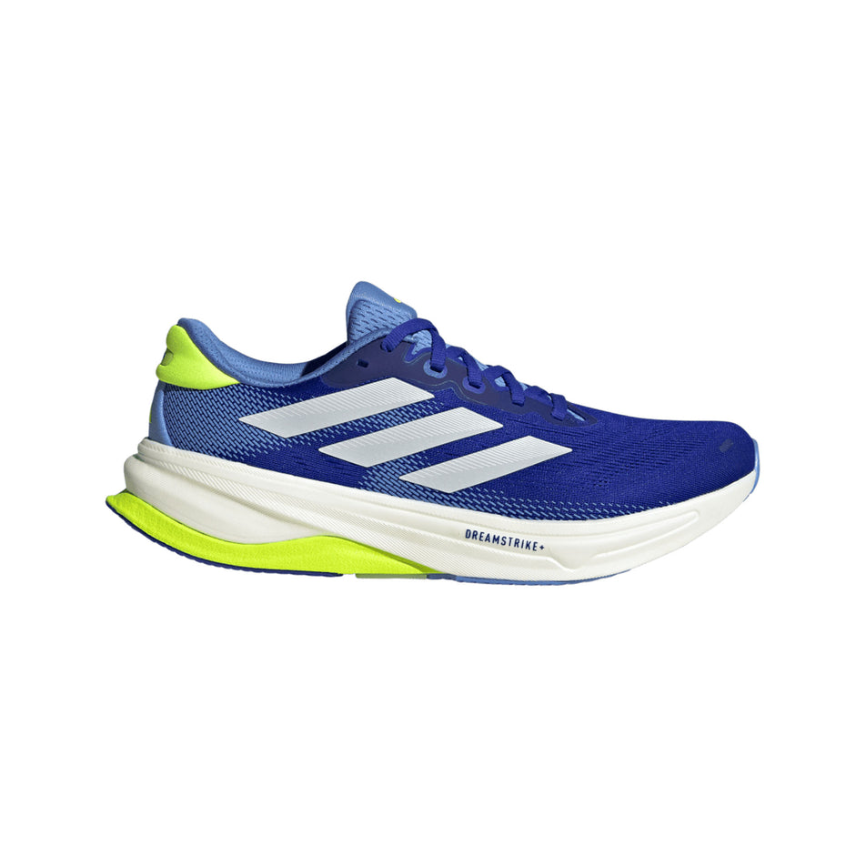 Lateral view of the right shoe from a pair of adidas Men's Supernova Solution 2 Running Shoes in the Lucid Blue/Zero Met./Lucid Lemon colourway. (8662548250786)