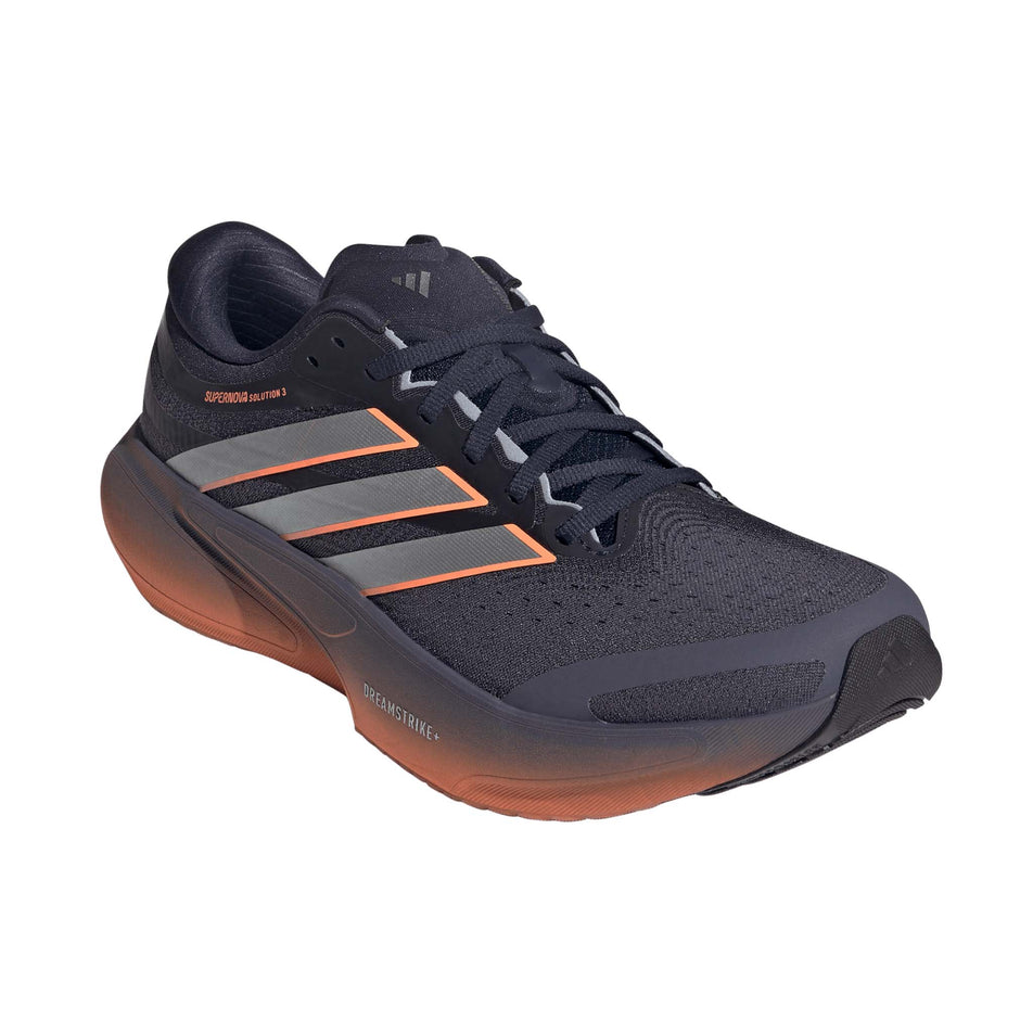 Lateral view of the right shoe from a pair of adidas Men's Supernova Solution 3 Running Shoes in the Aurora Onix/Silver met./Lucid Orange colourway.